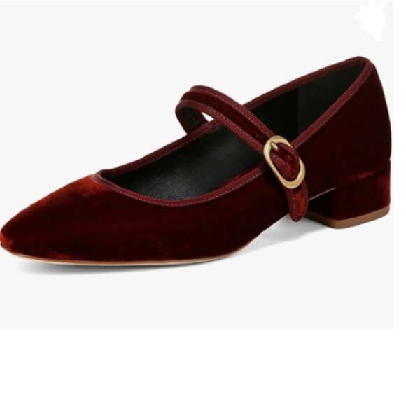 XYD Burgundy Low Heel Chunky Mary Jane Pumps Square Toe Buckled Strap Daily Shoe - Picture 1 of 8